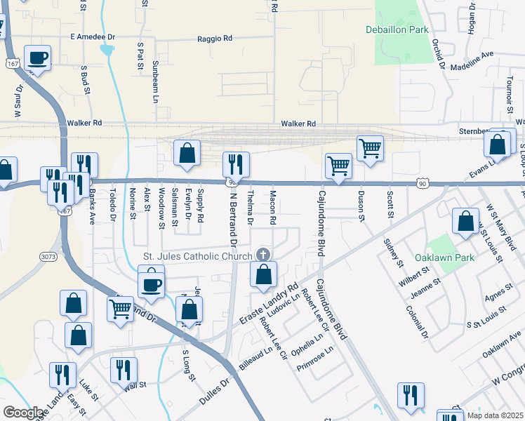 map of restaurants, bars, coffee shops, grocery stores, and more near 202 Adelma Street in Lafayette