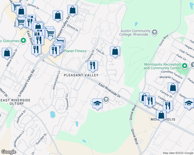 map of restaurants, bars, coffee shops, grocery stores, and more near 1818 River Crossing Circle in Austin