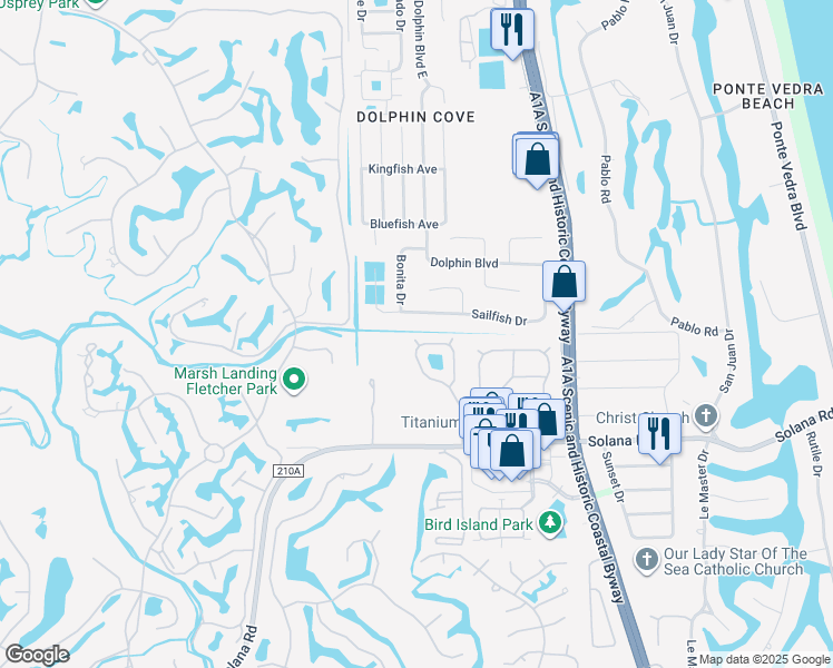 map of restaurants, bars, coffee shops, grocery stores, and more near 120 Solano Cay Circle in Ponte Vedra Beach