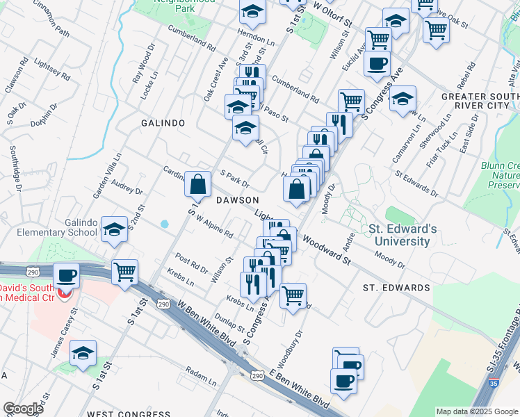 map of restaurants, bars, coffee shops, grocery stores, and more near 308 Lightsey Road in Austin