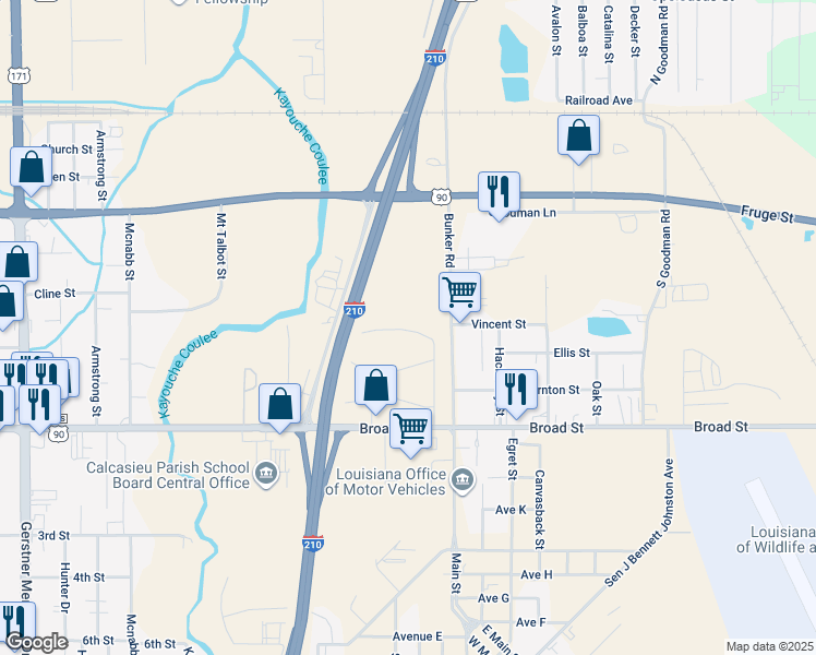 map of restaurants, bars, coffee shops, grocery stores, and more near 1220 Varney Circle in Lake Charles