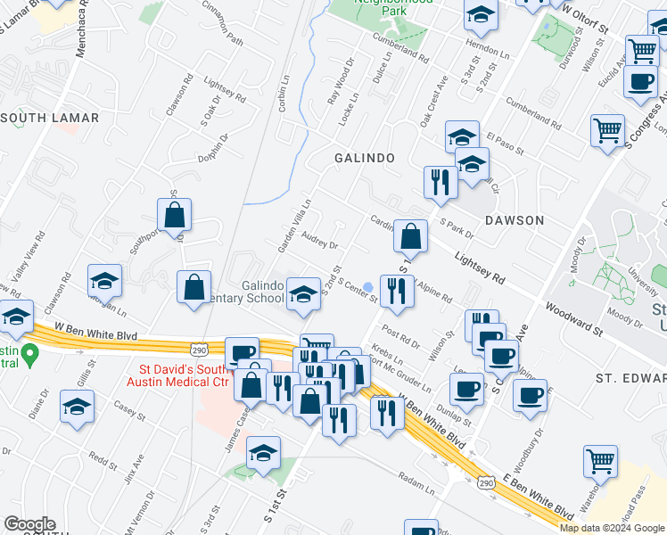map of restaurants, bars, coffee shops, grocery stores, and more near 3614 South 2nd Street in Austin