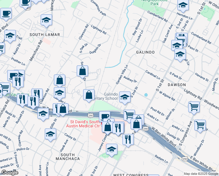 map of restaurants, bars, coffee shops, grocery stores, and more near 1006 Banister Lane in Austin