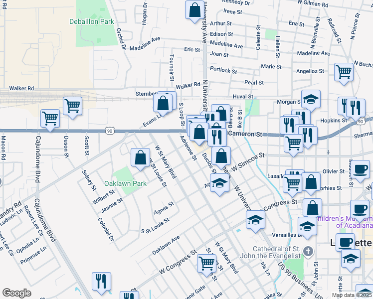 map of restaurants, bars, coffee shops, grocery stores, and more near 417 Adrienne Street in Lafayette