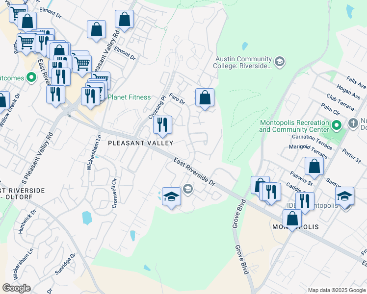 map of restaurants, bars, coffee shops, grocery stores, and more near 1900 River Crossing Circle in Austin