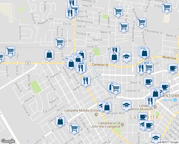map of restaurants, bars, coffee shops, grocery stores, and more near 629 Cedar Crest Ct in Lafayette
