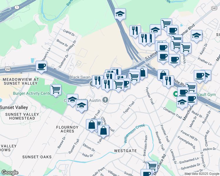 map of restaurants, bars, coffee shops, grocery stores, and more near 4532 West Gate Boulevard in Austin