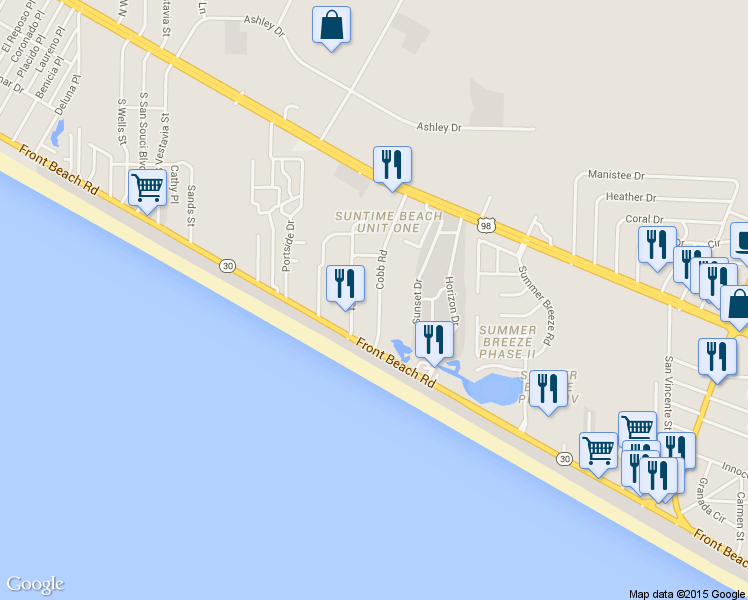 map of restaurants, bars, coffee shops, grocery stores, and more near 204 Cobb Rd in Panama City Beach