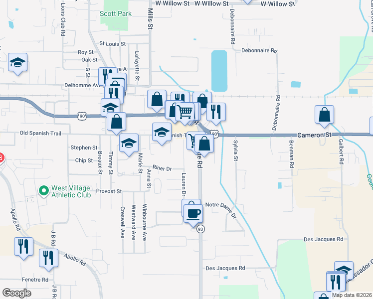map of restaurants, bars, coffee shops, grocery stores, and more near 417 Lauren Drive in Scott