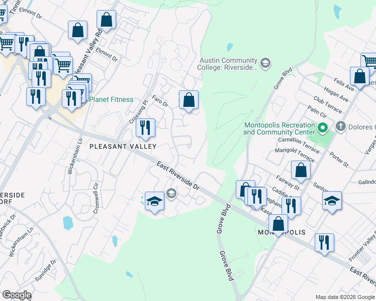 map of restaurants, bars, coffee shops, grocery stores, and more near 5405 Summer Circle in Austin
