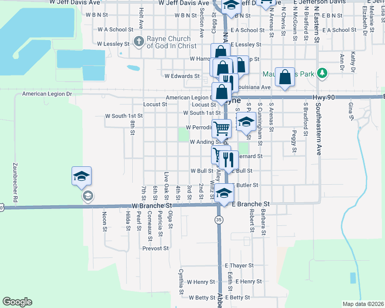 map of restaurants, bars, coffee shops, grocery stores, and more near 512 2nd Street in Rayne