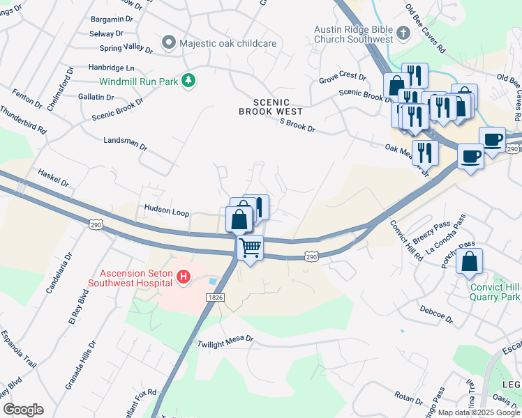 map of restaurants, bars, coffee shops, grocery stores, and more near 7880 U.S. 290 in Austin