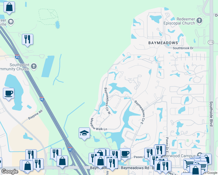 map of restaurants, bars, coffee shops, grocery stores, and more near 7771 Point Vicente Court in Jacksonville