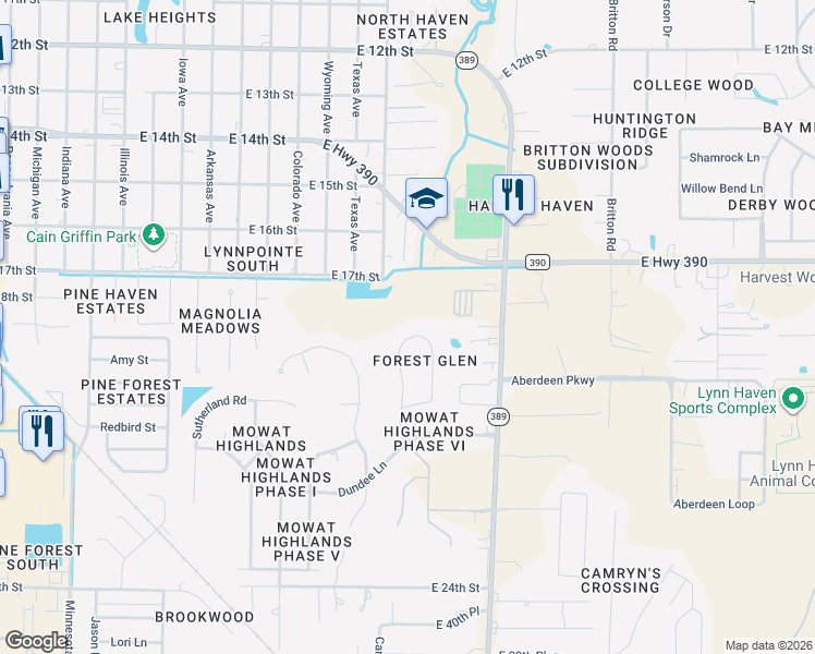 map of restaurants, bars, coffee shops, grocery stores, and more near 1430 Thurso Road in Lynn Haven