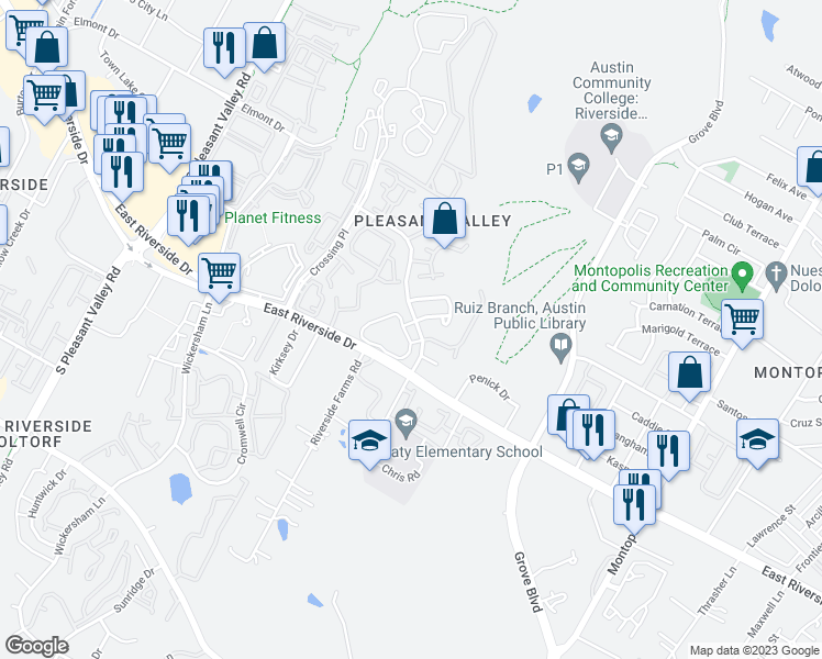 map of restaurants, bars, coffee shops, grocery stores, and more near 1851 River Crossing Circle in Austin