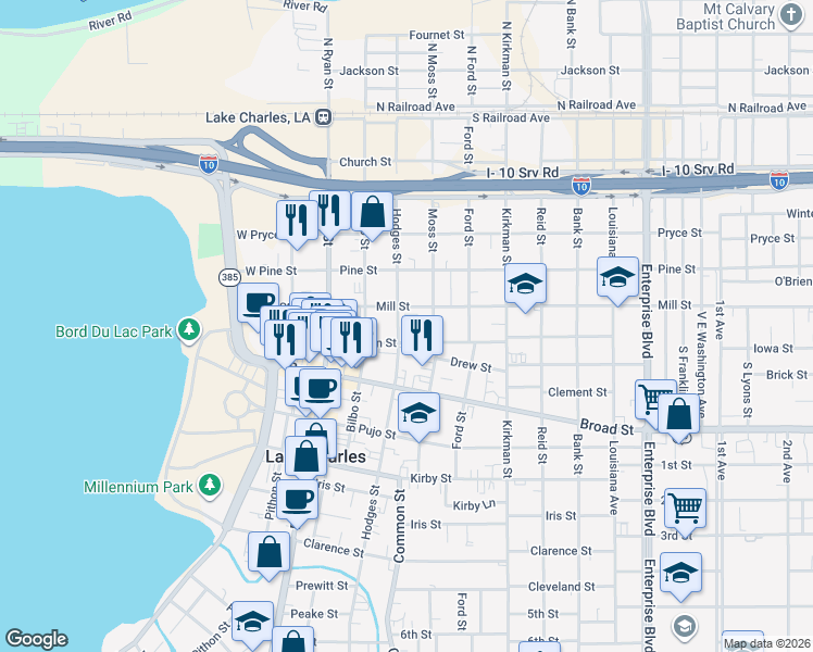 map of restaurants, bars, coffee shops, grocery stores, and more near 515 Division Street in Lake Charles