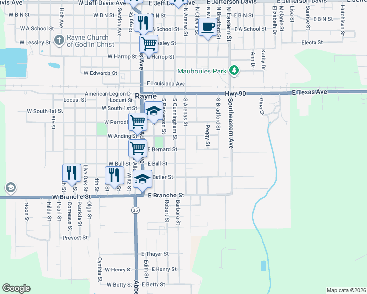 map of restaurants, bars, coffee shops, grocery stores, and more near 512 South Arenas Street in Rayne