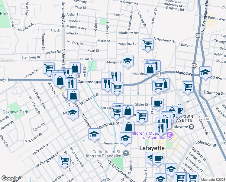 map of restaurants, bars, coffee shops, grocery stores, and more near 402 S Street Antoine Street in Lafayette