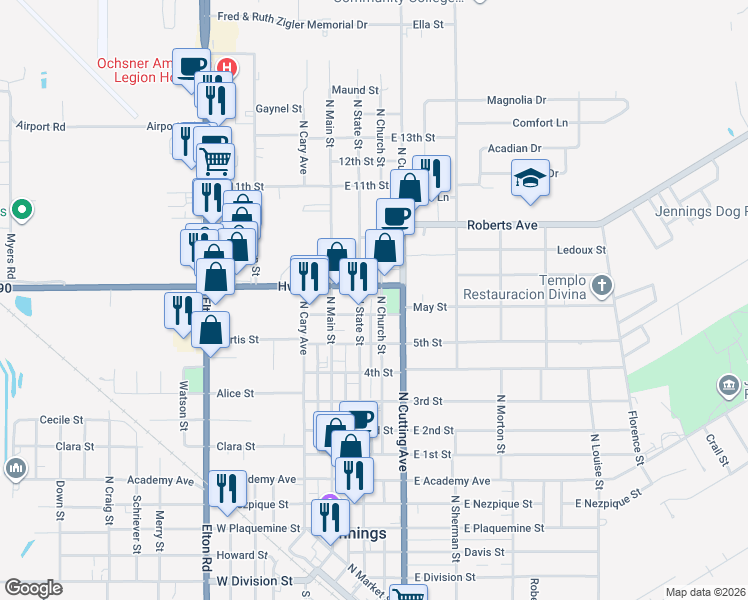 map of restaurants, bars, coffee shops, grocery stores, and more near 1110 North State Street in Jennings