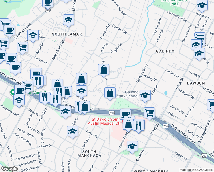 map of restaurants, bars, coffee shops, grocery stores, and more near 3808 Southridge Drive in Austin