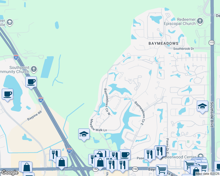 map of restaurants, bars, coffee shops, grocery stores, and more near 7771 Point Vicente Court in Jacksonville