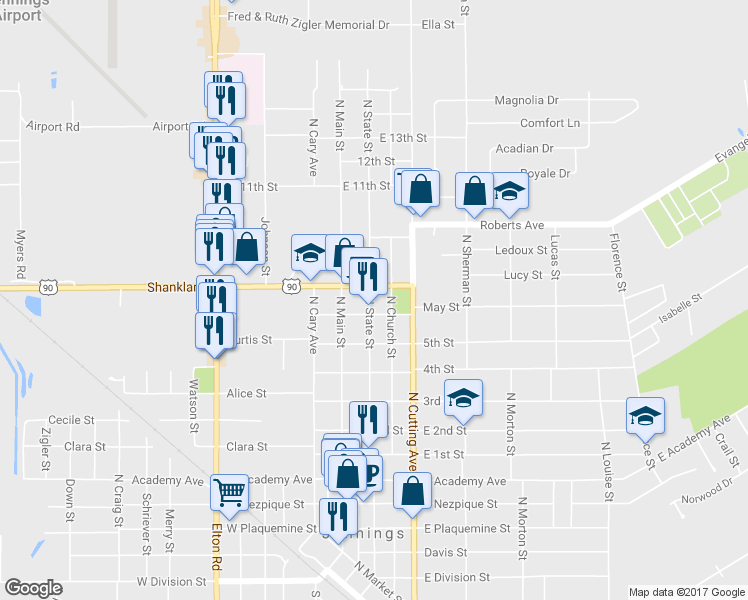 map of restaurants, bars, coffee shops, grocery stores, and more near 1110 North State Street in Jennings