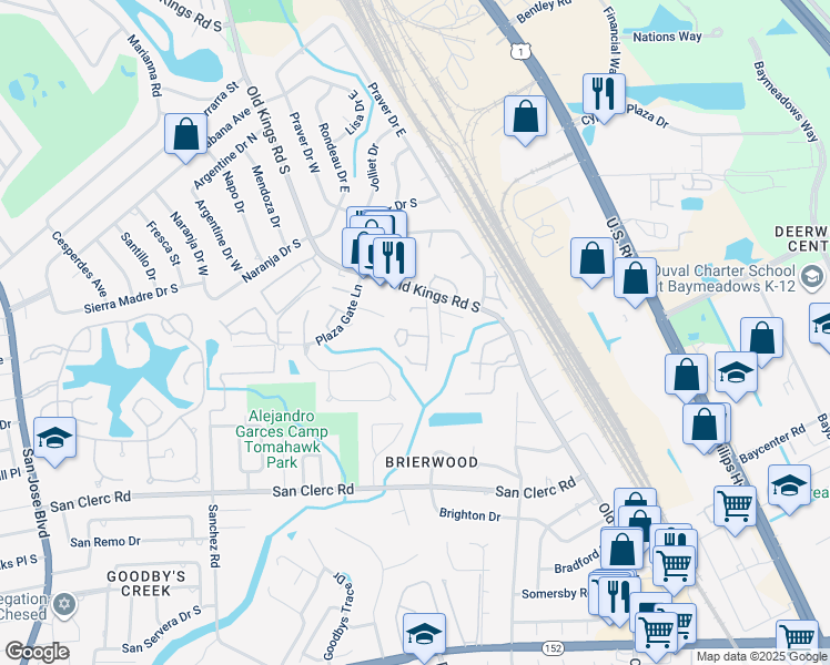 map of restaurants, bars, coffee shops, grocery stores, and more near 4801 Evenlode Lane in Jacksonville
