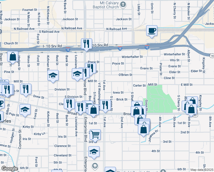 map of restaurants, bars, coffee shops, grocery stores, and more near 617 S 1st Ave in Lake Charles
