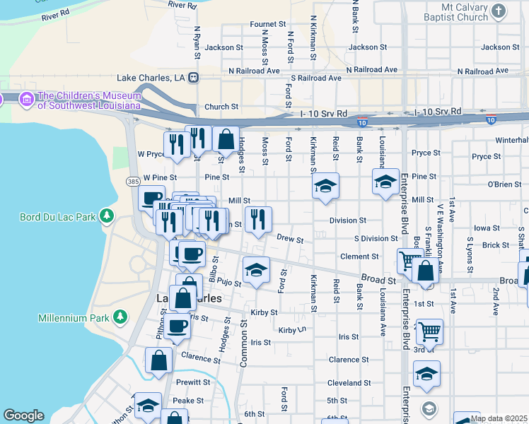 map of restaurants, bars, coffee shops, grocery stores, and more near 618 Moss Street in Lake Charles