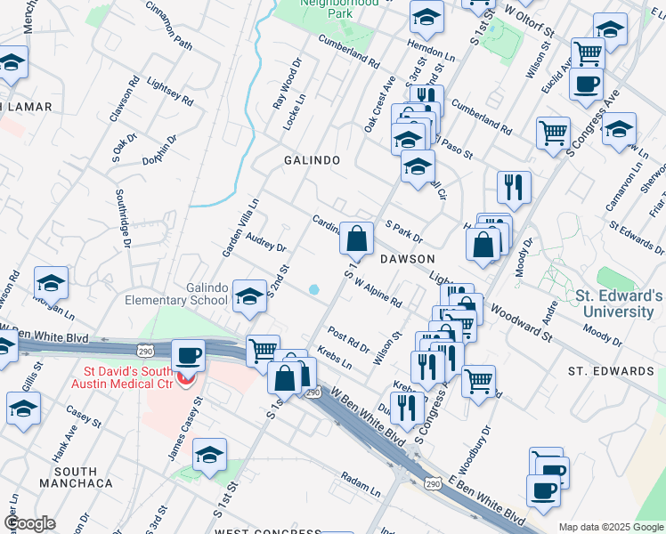 map of restaurants, bars, coffee shops, grocery stores, and more near 3504 South 1st Street in Austin