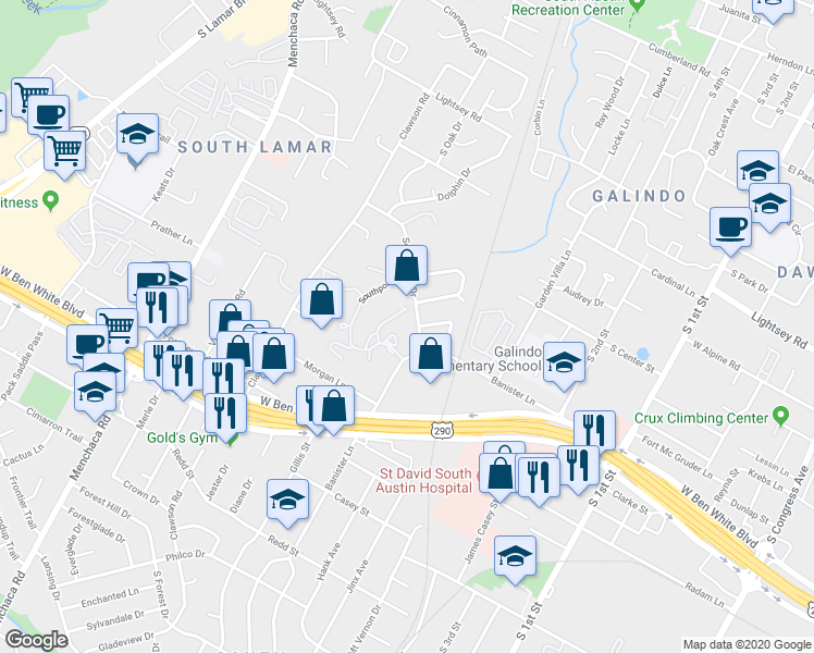 map of restaurants, bars, coffee shops, grocery stores, and more near 3808 Southridge Drive in Austin