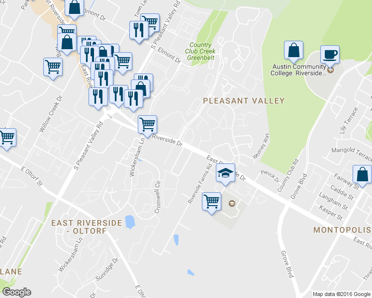 map of restaurants, bars, coffee shops, grocery stores, and more near 4901 East Riverside Drive in Austin