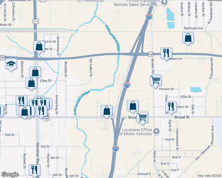 map of restaurants, bars, coffee shops, grocery stores, and more near 525 Shasta St in Lake Charles