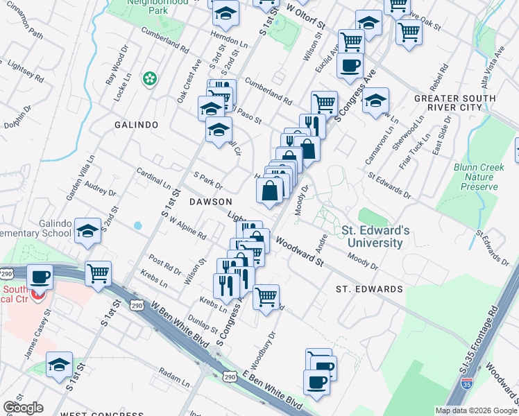 map of restaurants, bars, coffee shops, grocery stores, and more near 126 Frederick Street in Austin