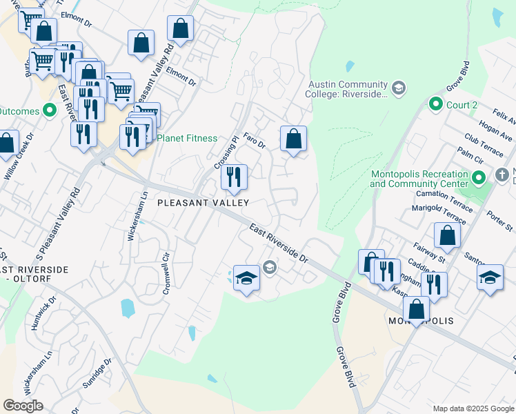 map of restaurants, bars, coffee shops, grocery stores, and more near 1851 1/2 River Crossing Circle in Austin