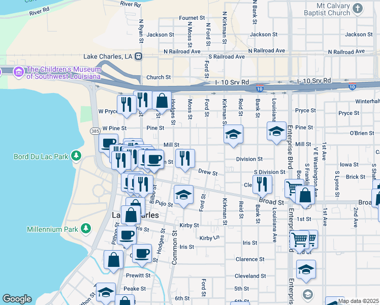 map of restaurants, bars, coffee shops, grocery stores, and more near 618 Moss Street in Lake Charles