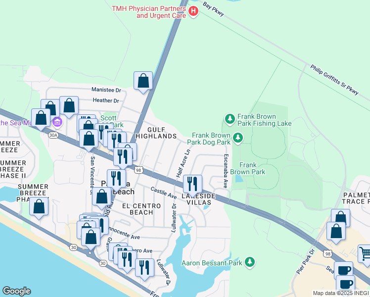 map of restaurants, bars, coffee shops, grocery stores, and more near 139 Half Acre Lane in Panama City Beach