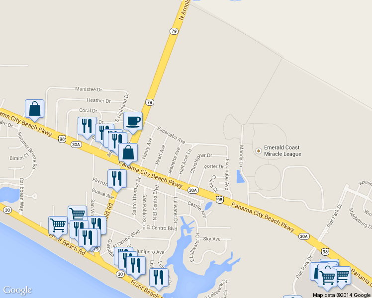 map of restaurants, bars, coffee shops, grocery stores, and more near 139 Half Acre Lane in Panama City Beach