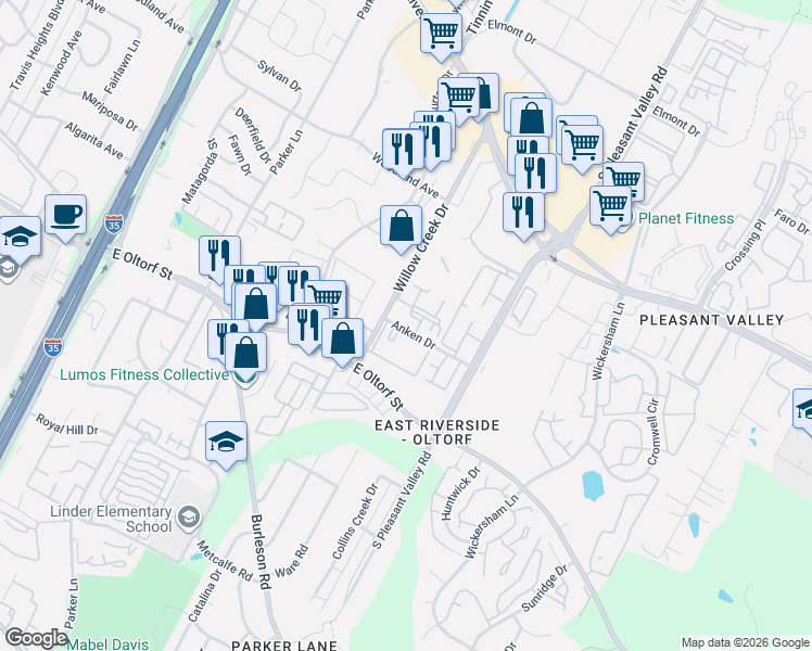 map of restaurants, bars, coffee shops, grocery stores, and more near 2201 Willow Creek Drive in Austin
