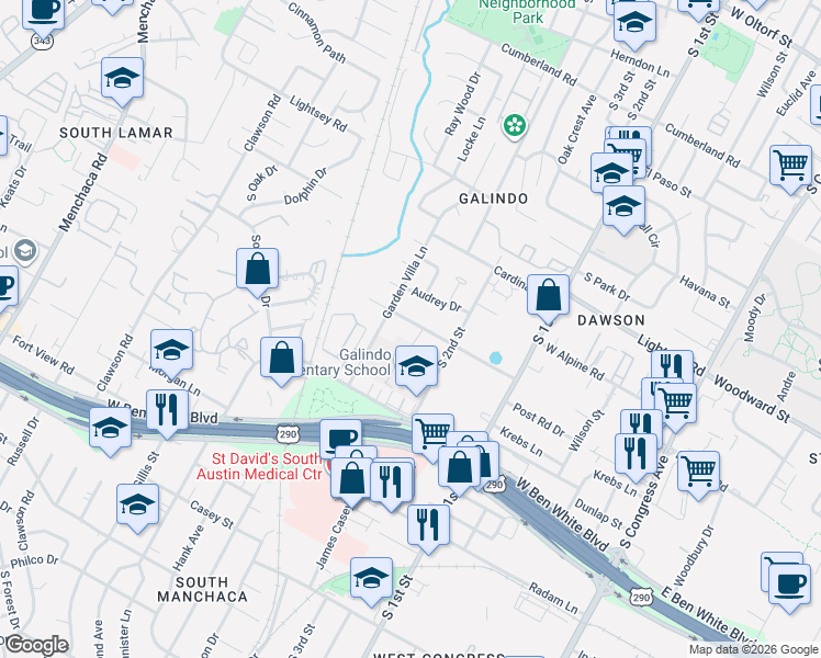 map of restaurants, bars, coffee shops, grocery stores, and more near 903 South Center Street in Austin