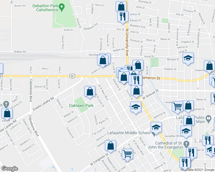 map of restaurants, bars, coffee shops, grocery stores, and more near 1609 Myrtle Place in Lafayette