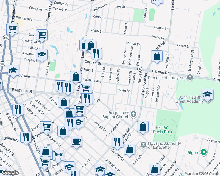 map of restaurants, bars, coffee shops, grocery stores, and more near 220 Piave Street in Lafayette
