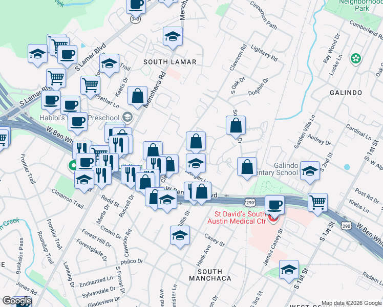 map of restaurants, bars, coffee shops, grocery stores, and more near 1601 Grayford Drive in Austin