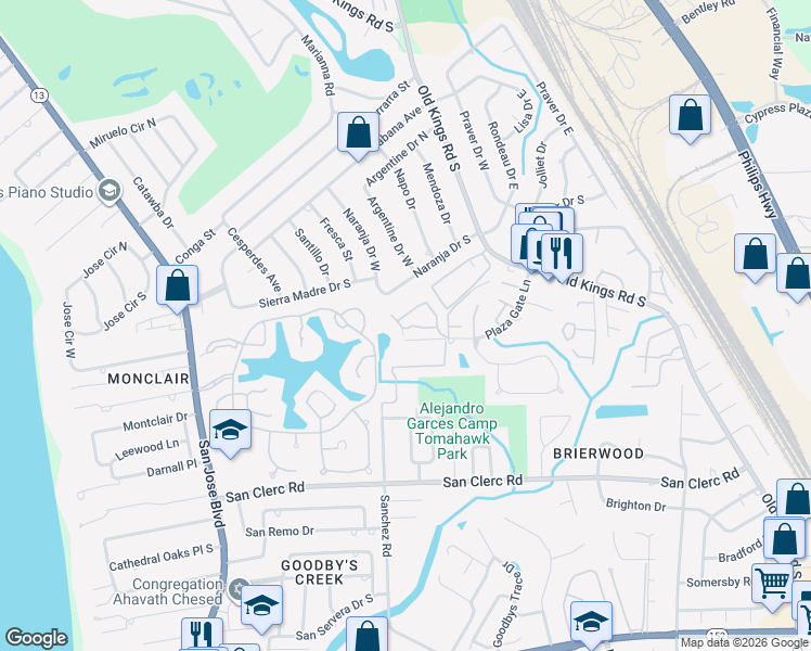 map of restaurants, bars, coffee shops, grocery stores, and more near 4305 Plaza Gate Lane in Jacksonville