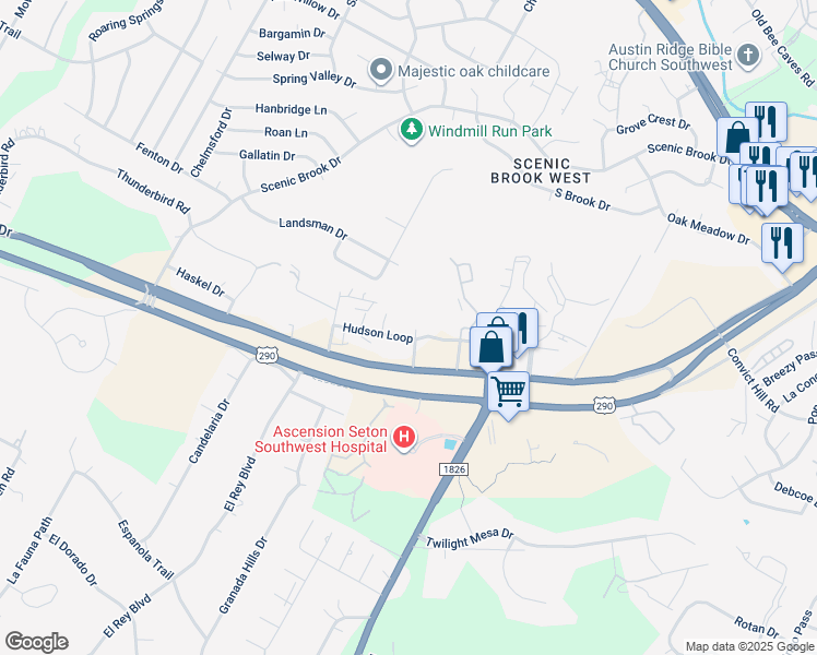 map of restaurants, bars, coffee shops, grocery stores, and more near 7800 Hudson Loop in Austin