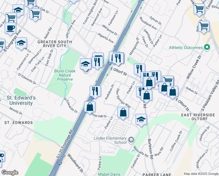map of restaurants, bars, coffee shops, grocery stores, and more near 2500 Audubon Place in Austin