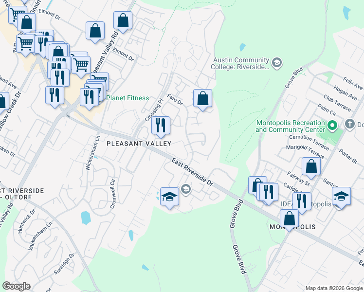 map of restaurants, bars, coffee shops, grocery stores, and more near 1851 1/2 River Crossing Circle in Austin