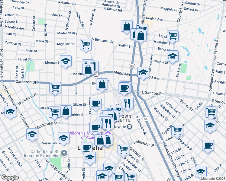 map of restaurants, bars, coffee shops, grocery stores, and more near 124 West Simcoe Street in Lafayette