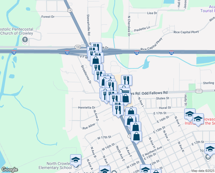 map of restaurants, bars, coffee shops, grocery stores, and more near 2122 North Parkerson Avenue in Crowley