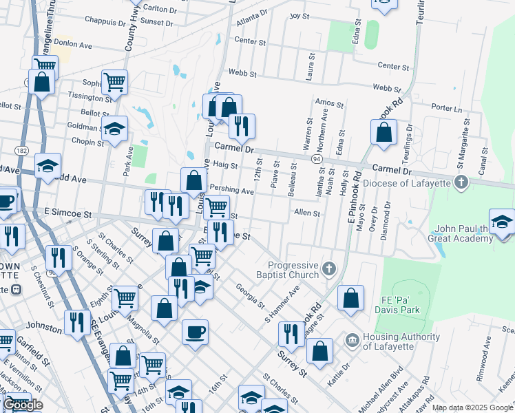 map of restaurants, bars, coffee shops, grocery stores, and more near 1612 12th Street in Lafayette
